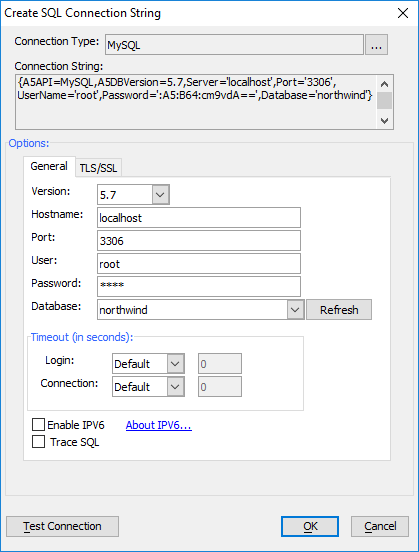 Click OK to save the MySQL Connection string.
